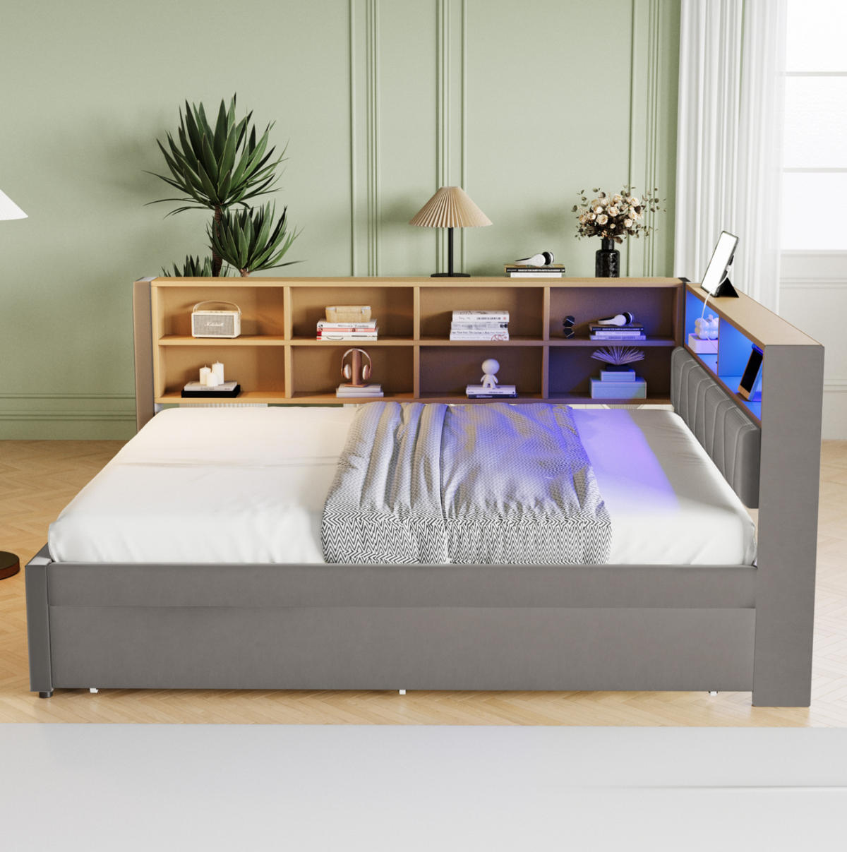 SCHLAFSOFA aus Flanell 140/200 cm mit 90/190 cm Ausziehbett, LED, USB-C und Stauraum, Dunkelgrau - Dunkelgrau, Textil (213/98/153cm) - Redom