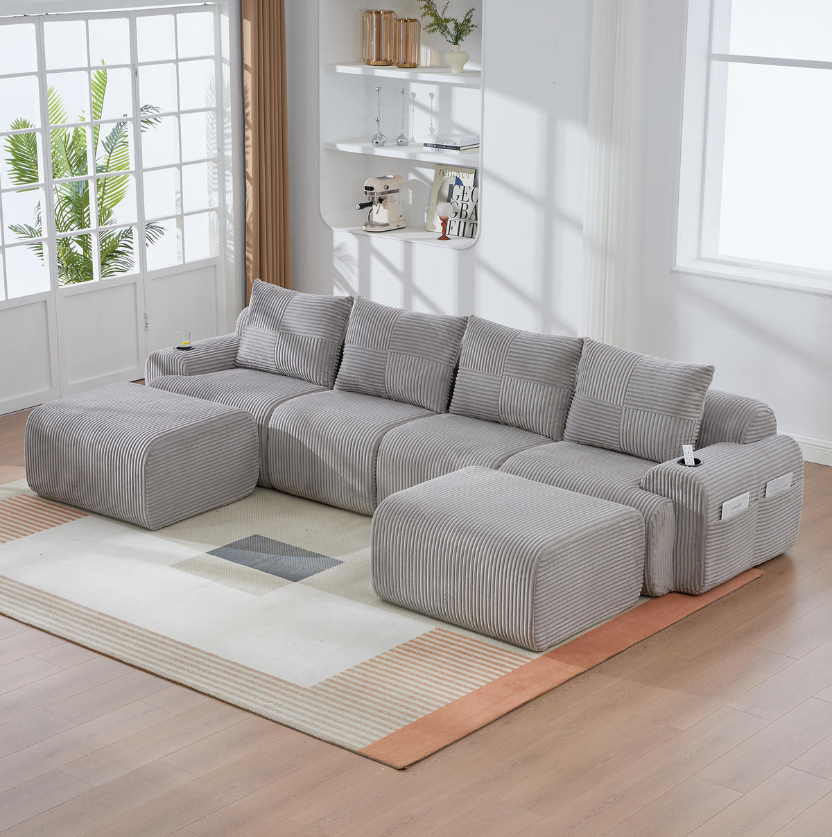 MODULÁRNA Sedacia zostava z menčestru, 333/174/80 cm svetlosivá, 4-miestna s 2 taburetkami - svetlosivá, textil (174/80/333cm) - BEAOK