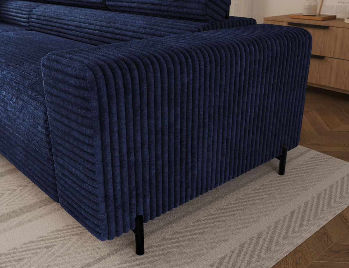 ECKSOFA COLESIO L-Form, Schlaffunktion, Bettkasten, verstellbare Kopfstützen, Wellenfederung, Metallfüße, breiter Cordstoff - Schwarz/Dunkelblau, Kunststoff/Metall (269/204cm) - Wohnideebilder