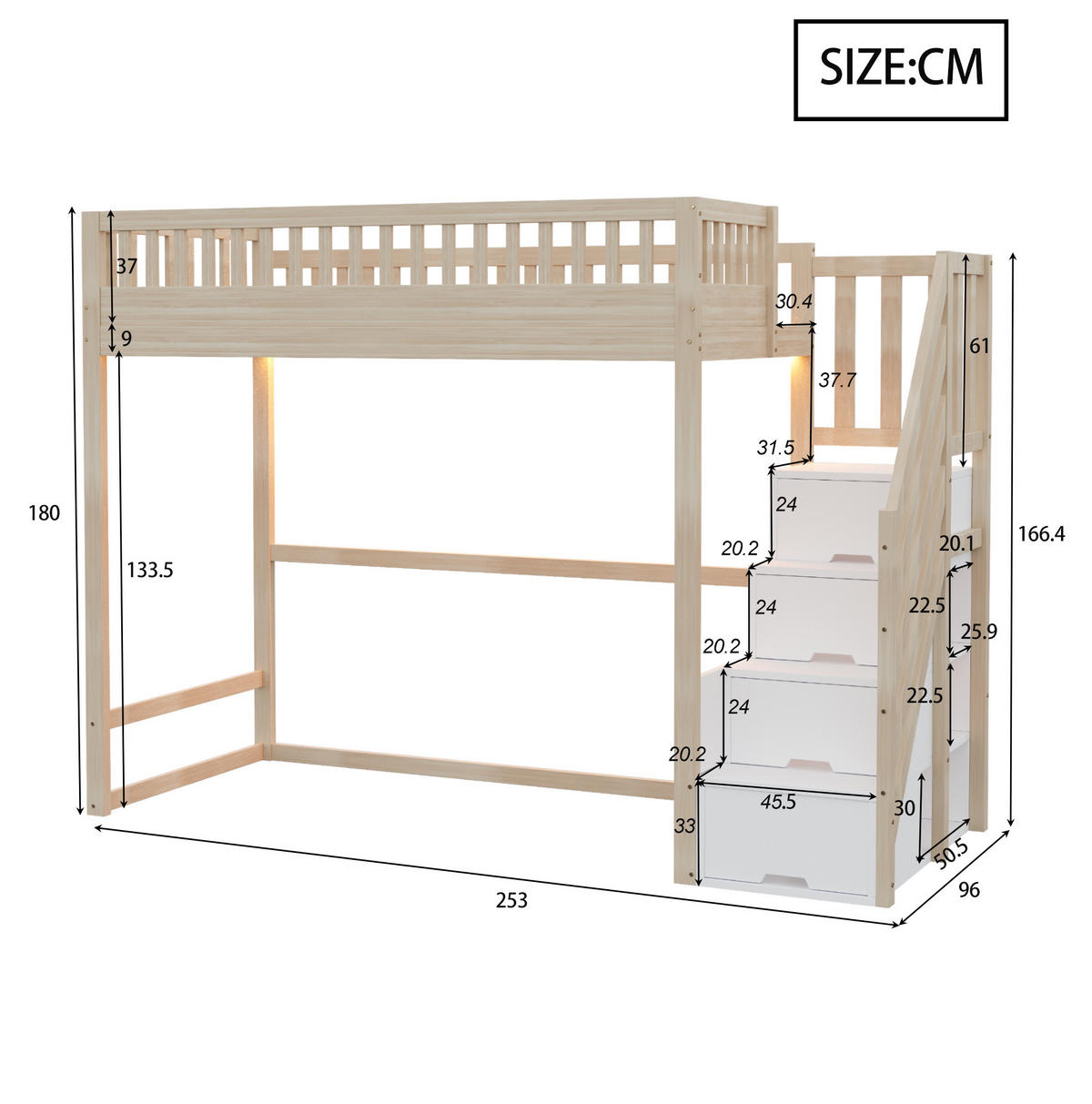 HOCHBETT 90/200 cm Natur aus Holz mit Stauraumtreppe und LED - Naturfarben, Holzwerkstoff (90/200cm) - OKWISH
