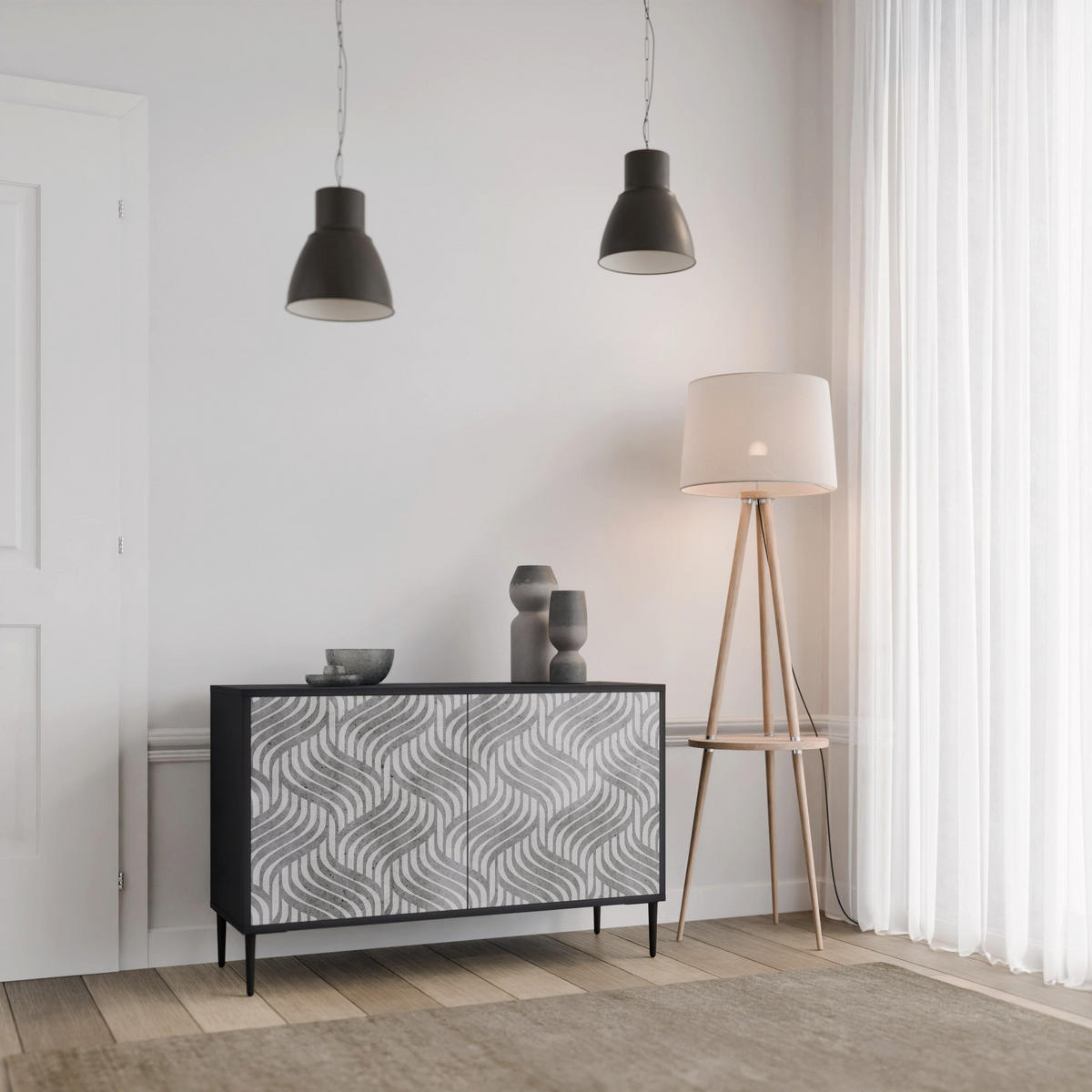 SIDEBOARD CONCRETE MOVEMENT, Eicheneffekt, 111x42x77,5 cm, 2 Türen - Eichefarben/Buchefarben, Holzwerkstoff/Buchenholz (111/77.5/42cm) - SpaceRebels