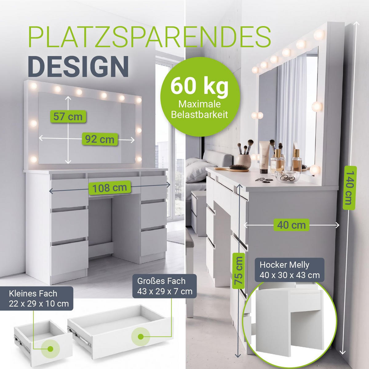 SCHMINKTISCH Lilia weiß mit LED-Beleuchtung und Hocker Melly - Weiß, Holz (108/140/41cm) - Juskys