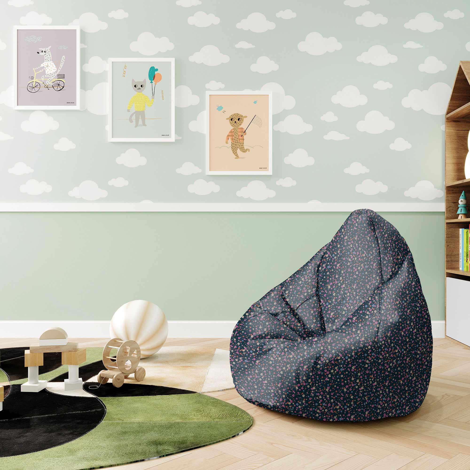 SITZSACK MIT FUßSTÜTZE Velvet 2-tlg Romantic Flowers S - Schwarz, Textil (70/105/70cm) - Dreamroots