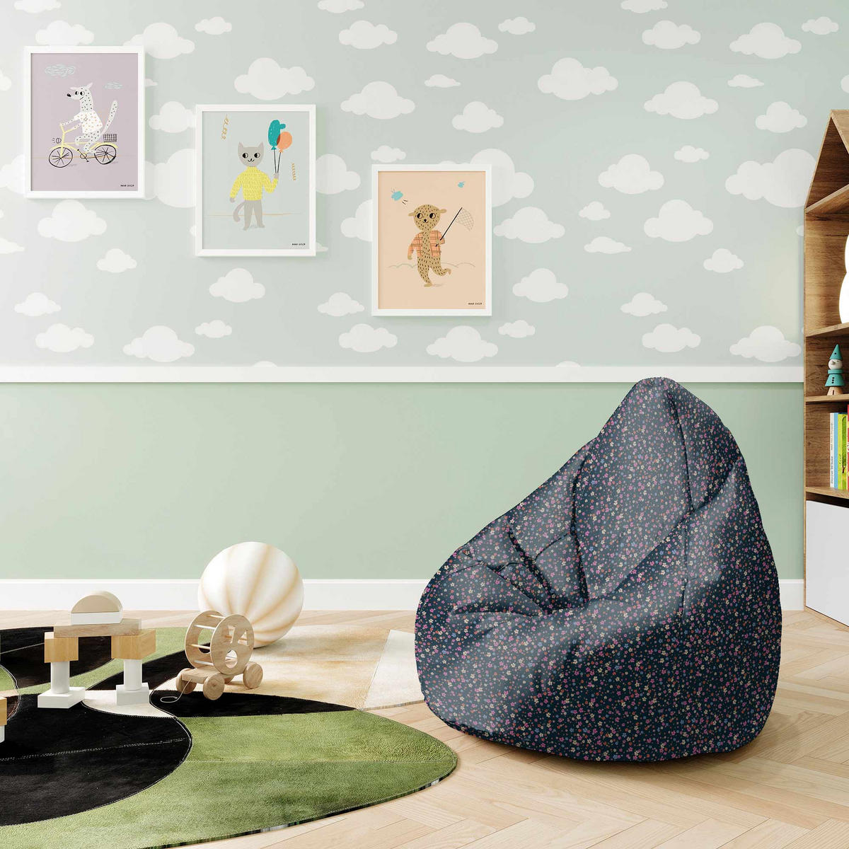 SITZSACK MIT FUßSTÜTZE Velvet 2-tlg Romantic Flowers S - Schwarz, Textil (70/105/70cm) - Dreamroots