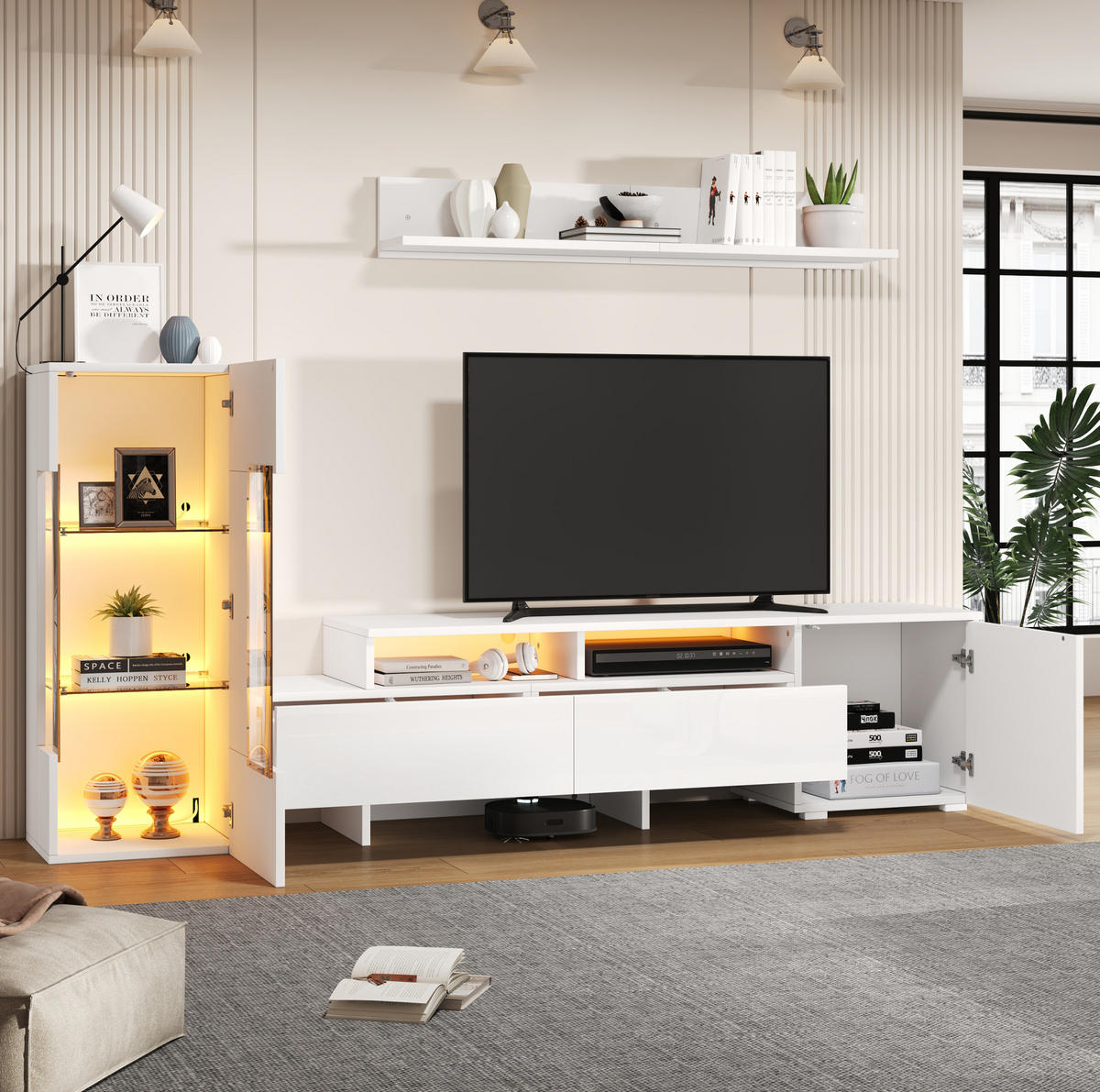 TV-WOHNWAND 3-teilig aus Spanplatte, Acryl und Glas Weiß mit LED-Beleuchtung und Stauraum - Weiß, Holzwerkstoff (170/45/35cm) - IVMEU