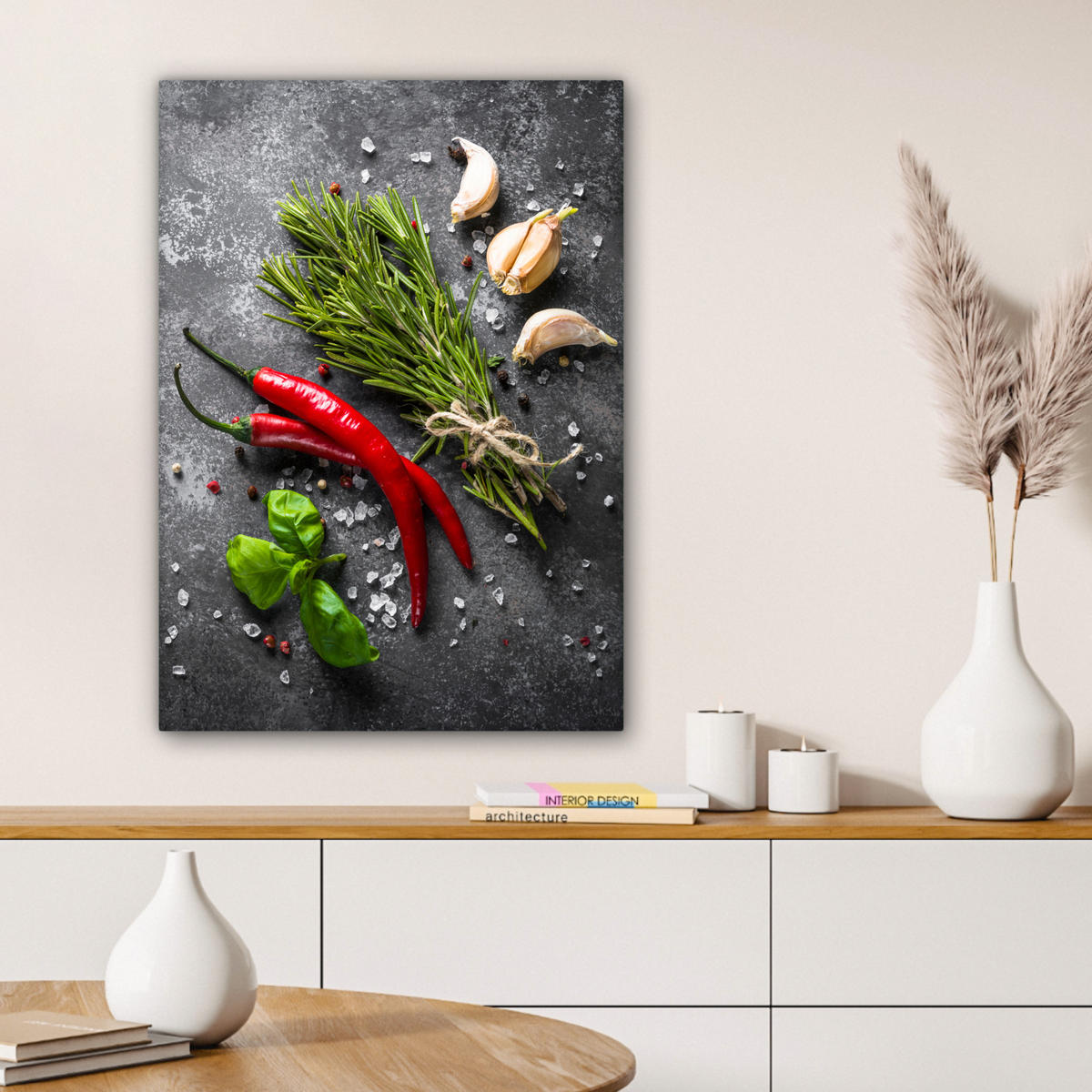 LEINWANDBILD Pfeffer - Kräuter - Gewürze - Beton 60x80 cm - Dunkelgrau, Textil (60/80cm) - MuchoWow