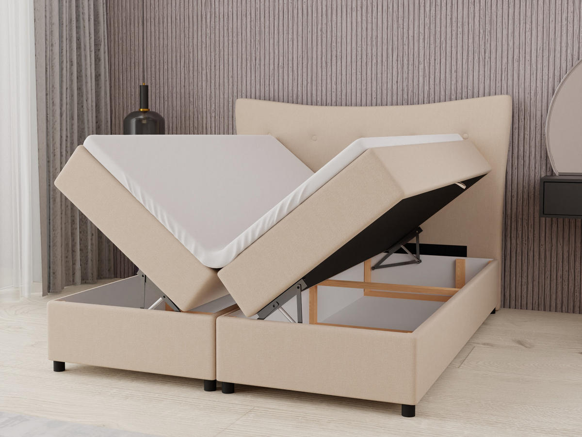 BOXBETT Nevada 160 x 200 cm Doppelbett mit hochwertiger Bonell-Matratze und Topper - beige - Beige, Holz (160/200cm) - Panda Möbel