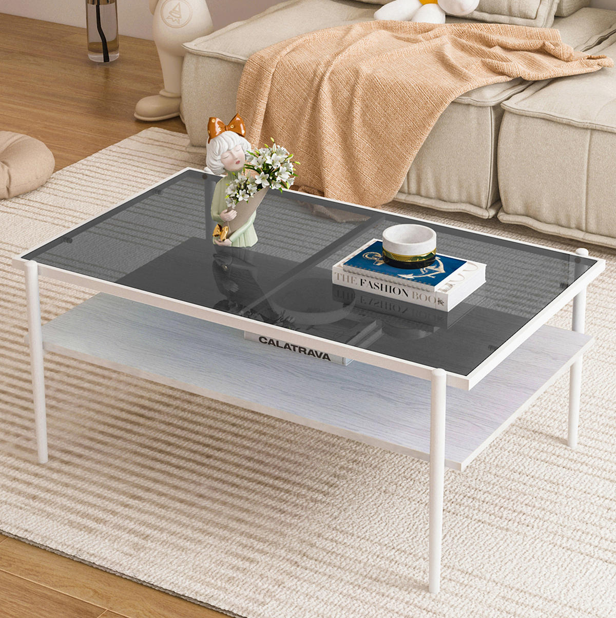 COUCHTISCH 61,5/97,5/45 cm mit Glasplatte, Ablagefach und Metallbeinen, Grau/Weiß - Weiß, Glas (97.5/61.5/45cm) - Redom