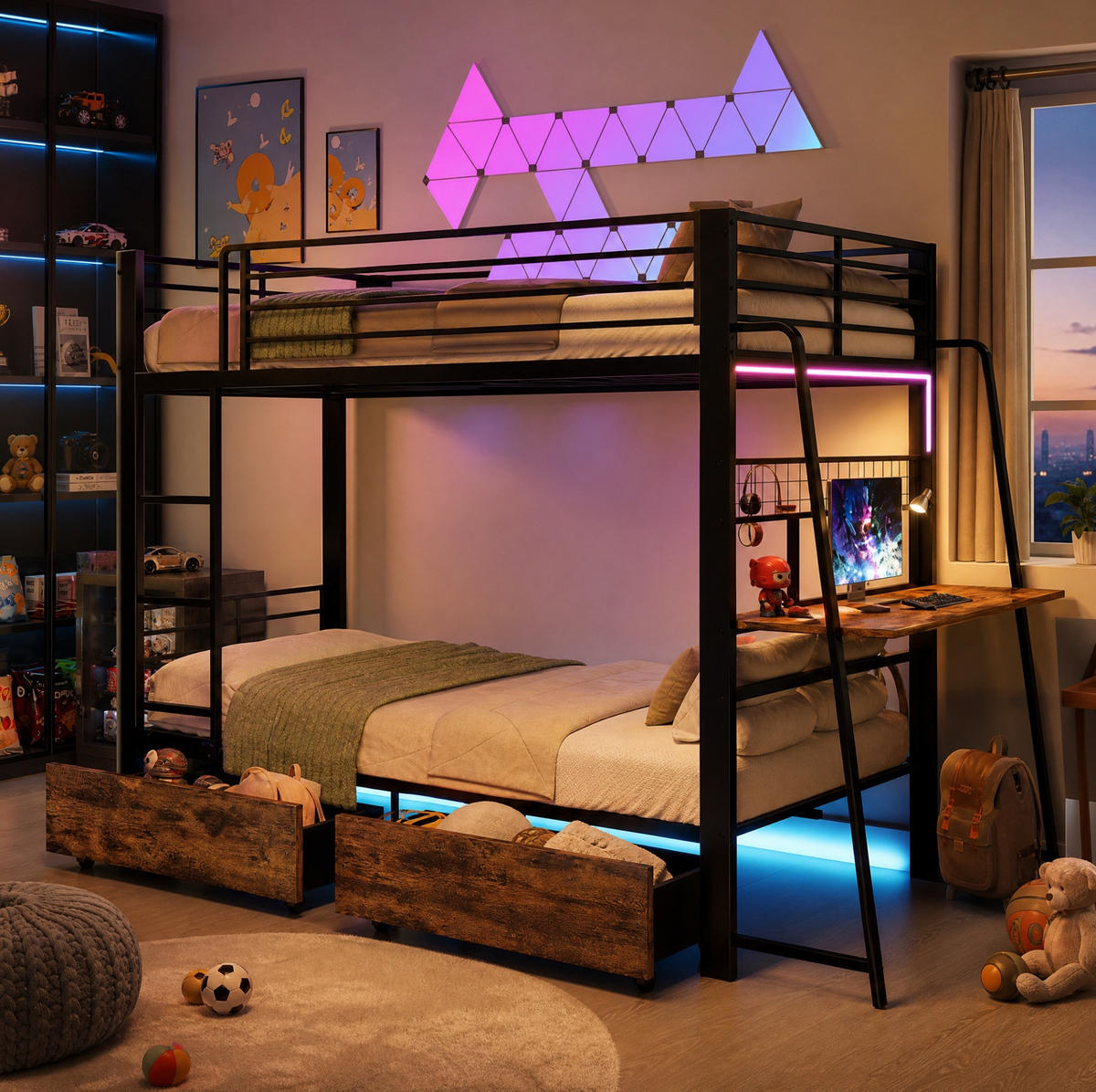 HOCHBETT aus Metall und MDF 140x200 cm Schwarz mit Schreibtisch, RGB-LED-Beleuchtung und Stauraum - Schwarz, Holzwerkstoff (140/200cm) - Modfu