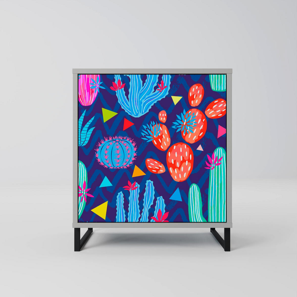 SIDEBOARD CACTUS VIBES, Grau, 57,5x42x77,5 cm, Schräge Buchenholzfüße - Buchefarben/Multicolor, Holzwerkstoff/Buchenholz (57.5/77.5/42cm) - SpaceRebels