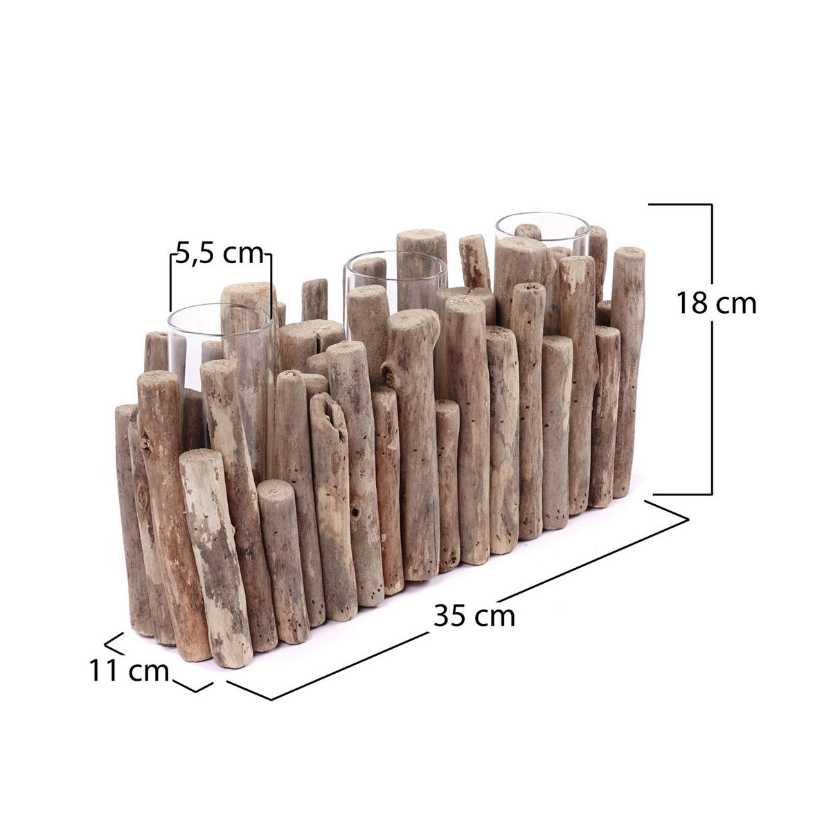 VASE Yela 35x18x11 cm, Treibholz, 3 Gläser naturfarben - Naturfarben, Holz (18cm) - CREEDWOOD