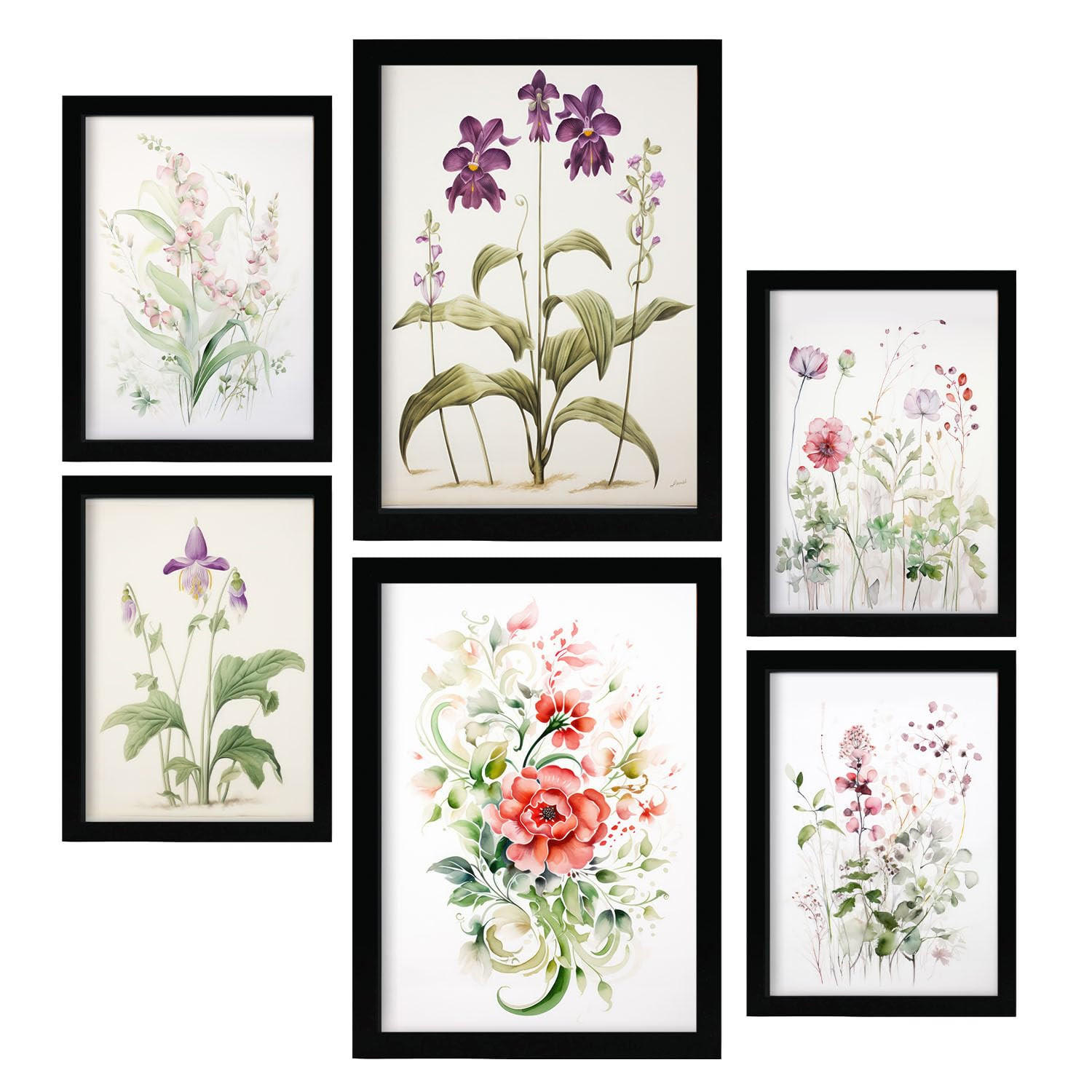 POSTER Set Mit 6 Orchideen & Nelken A3 & A4 Schwarzer Rahmen - Schwarz, Papier (29/3cm) - Nacnic