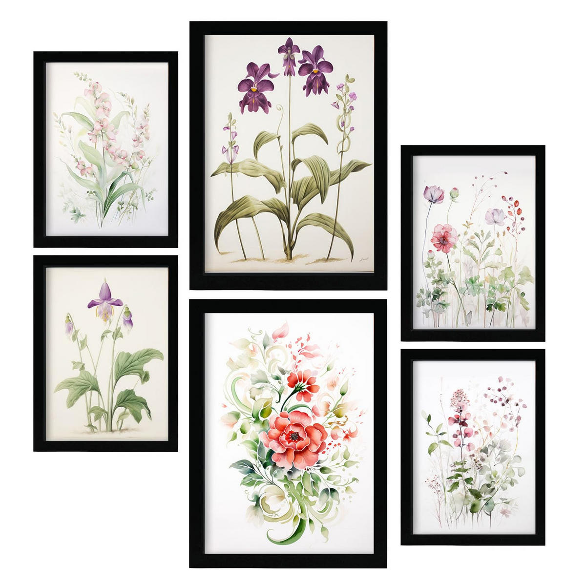 POSTER Set Mit 6 Orchideen & Nelken A3 & A4 Schwarzer Rahmen - Schwarz, Papier (29/3cm) - Nacnic
