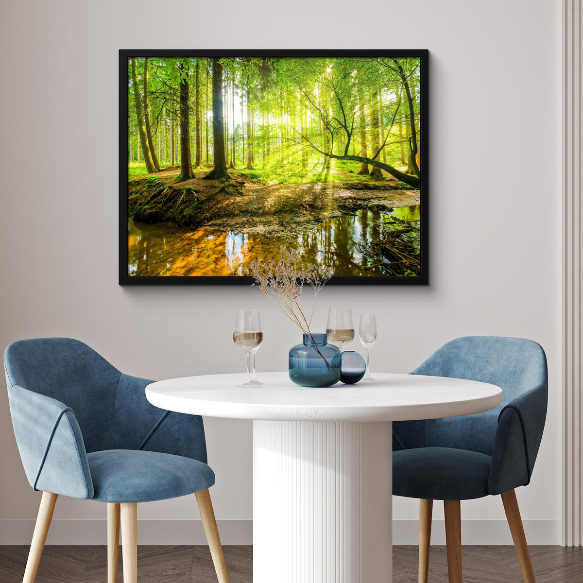 POSTER MIT RAHMENGERAHMTES BILD Wald - Landschaft - Wasser - Bäume - Sonne - Grün - Natur 80x60 cm - Grün, Papier (80/60cm) - MuchoWow