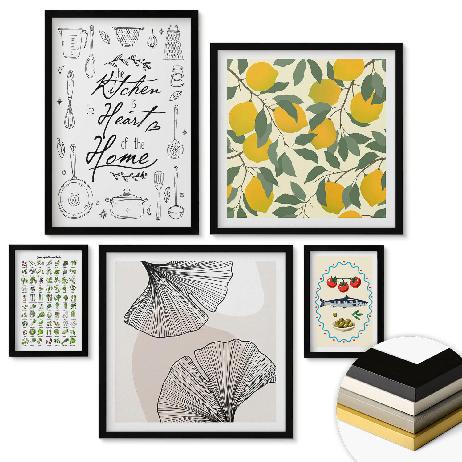 WANDBILDER 5er-Set - 50x50 cm & 20x30 cm & 40x60 cm Schwarzer Rahmen - Küchenkräuter-Zitronen-Malerei - Schwarz, Kunststoff (40/60cm) - ArtPrintCave