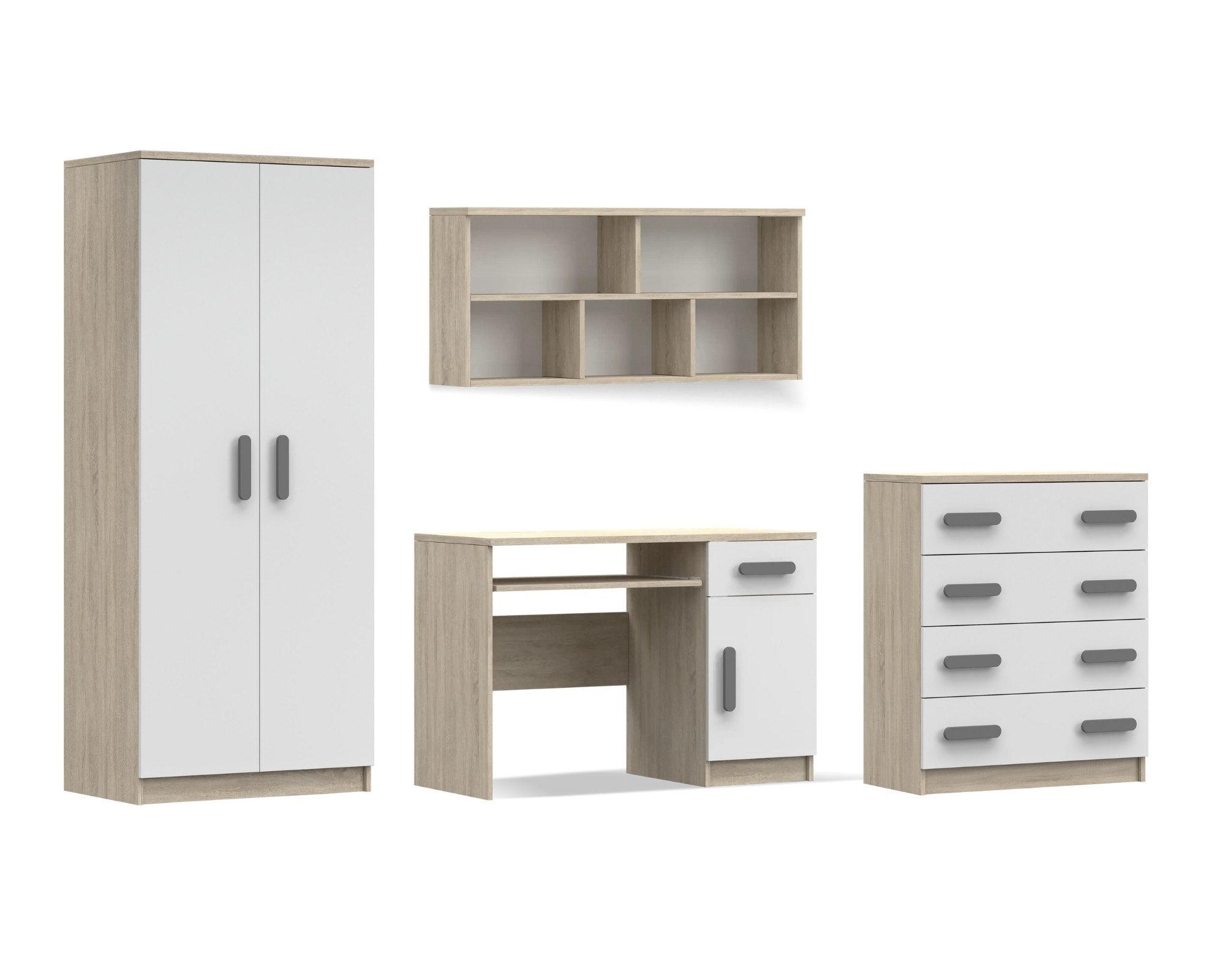 KINDERZIMMER-SET INGE III 4-teilig Weiß+Sonoma/Grau - Weiß/Grau, Holzwerkstoff (270/193/50cm) - Deine Möbel 24