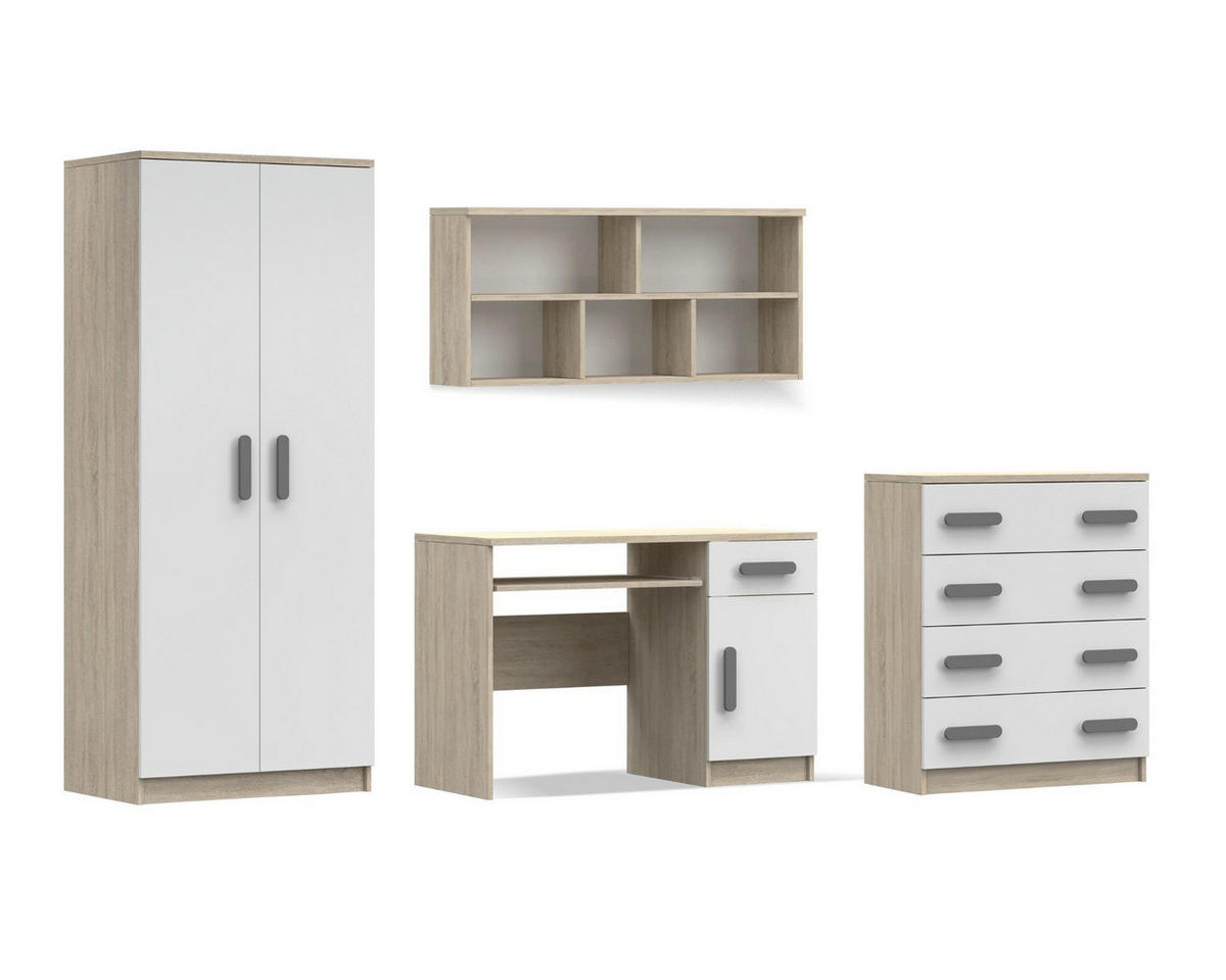 KINDERZIMMER-SET INGE III 4-teilig Weiß+Sonoma/Grau - Weiß/Grau, Holzwerkstoff (270/193/50cm) - Deine Möbel 24