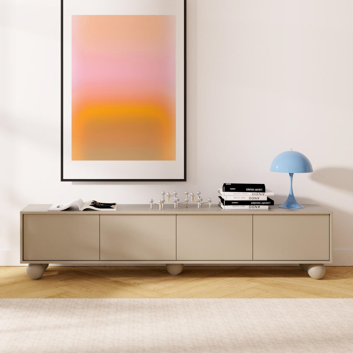 LOWBOARD Adel mit 4 Türen und runden Füßen, 204 cm, Griffloss, Kaschmir - Kaschmir, Holzwerkstoff (204/46/38cm) - Beautysofa