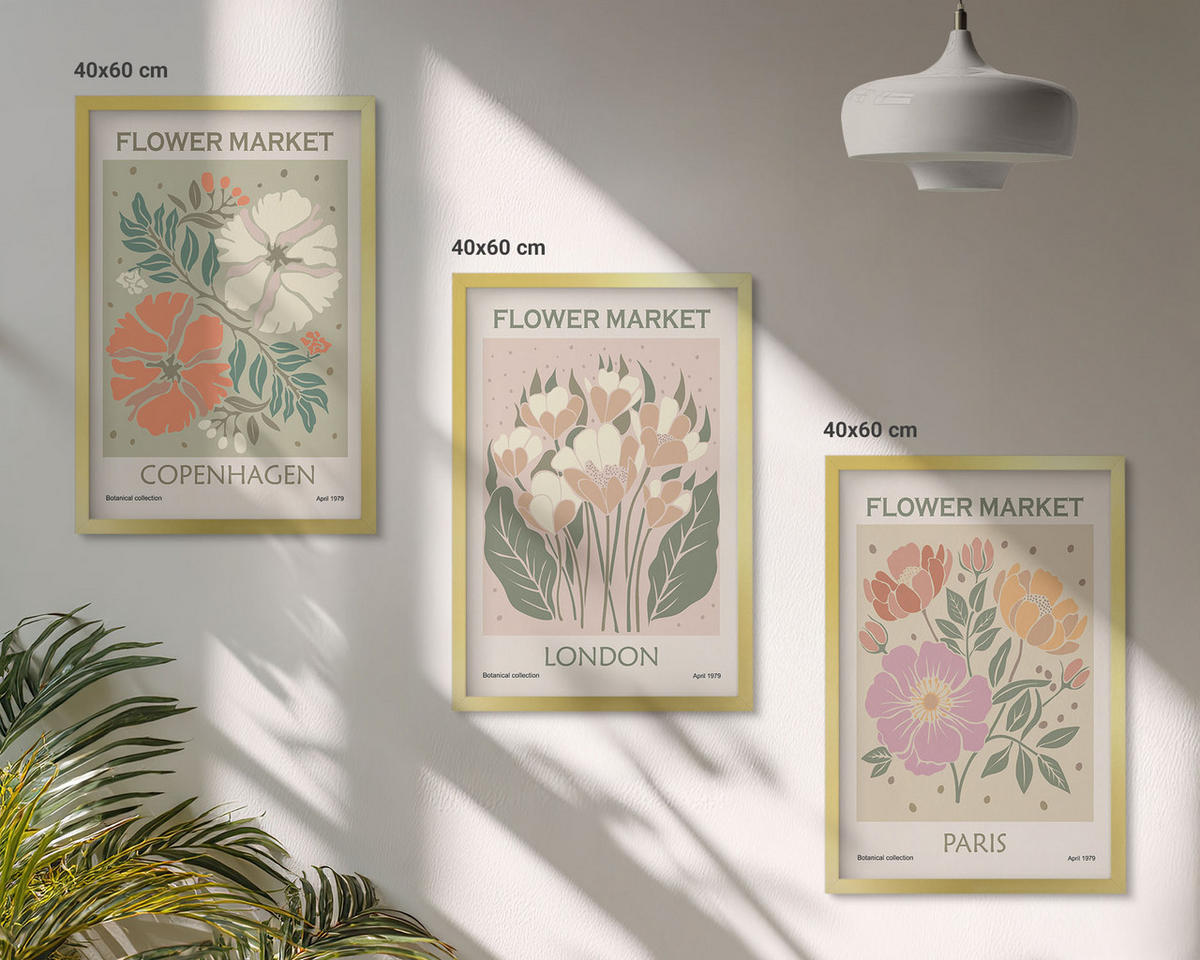 BILDER SET 3er Set - 40x60 cm Goldrahmen - Blumenposter Kopenhagen London Paris - Goldfarben, Kunststoff (40/60cm) - TULUP
