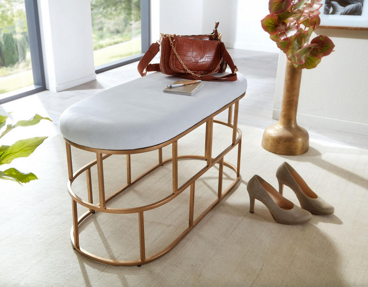 SITZBANK – Samt, Weiß, 90x46x38 cm, Metallgestell Gold - Goldfarben/Weiß, Textil/Metall (90/46/38cm) - KADIMA DESIGN