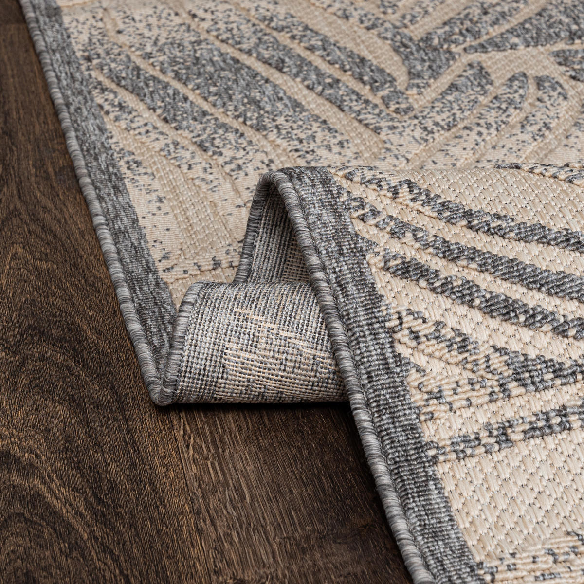 TEPPICH Beige In-Outdoor - Kurzflor Rechteckig, Motiv Pflanzen,Blätter,Blumen - Grau - 140 x 200 cm - Creme/Grau, Textil (140/200cm) - Mazovia