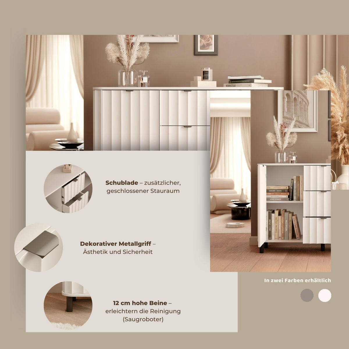 KOMMODE VITA 137 cm, Schublade(n) Lehmgrau - Schwarz/Grau, Holzwerkstoff/Metall (137.2/91/40.5cm) - Idohome