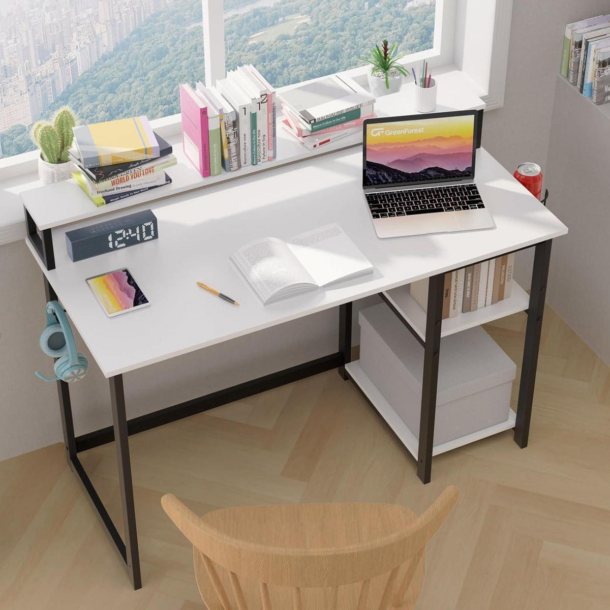 SCHREIBTISCH Weiß mit Regal und Monitorständer 120 x 55 cm - Weiß, Metall (120/55/75cm)
