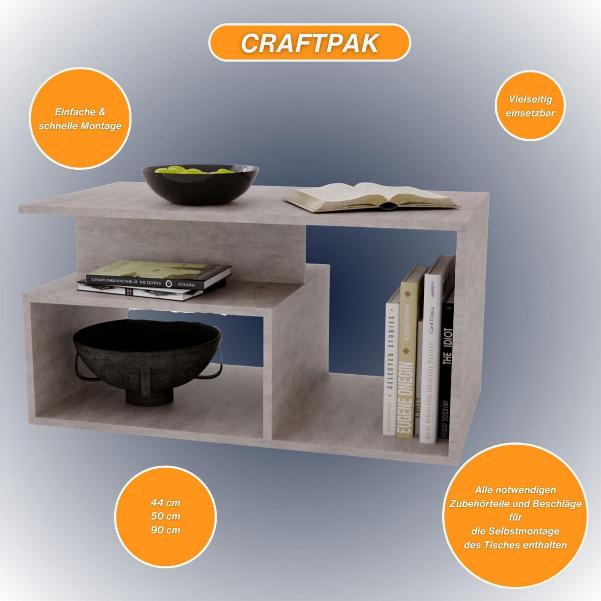 COUCHTISCH Holzwerkstoff rechteckig stabil Beton-Grau 44/50/90cm - Grau, Holzwerkstoff (50/90/44cm) - CraftPAK