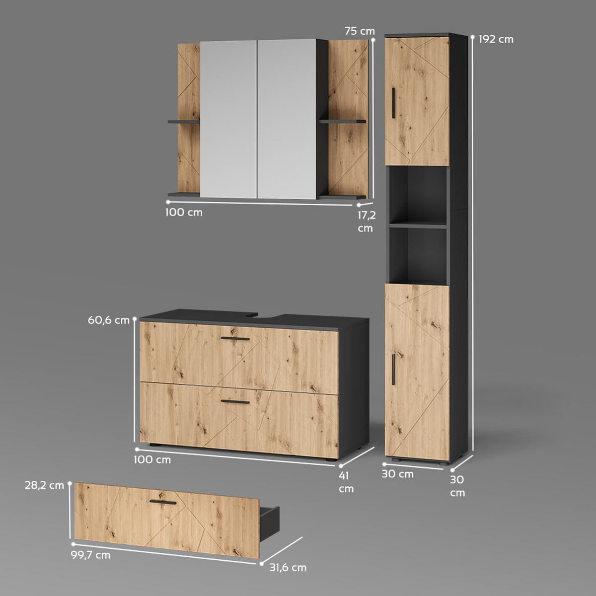 BADMÖBEL-SET Ronco, Anthrazit/Artisan-Eiche, 3-teilig - Anthrazit/Eiche Artisan, Holzwerkstoff (100.1/60.6/41cm) - Livinity®