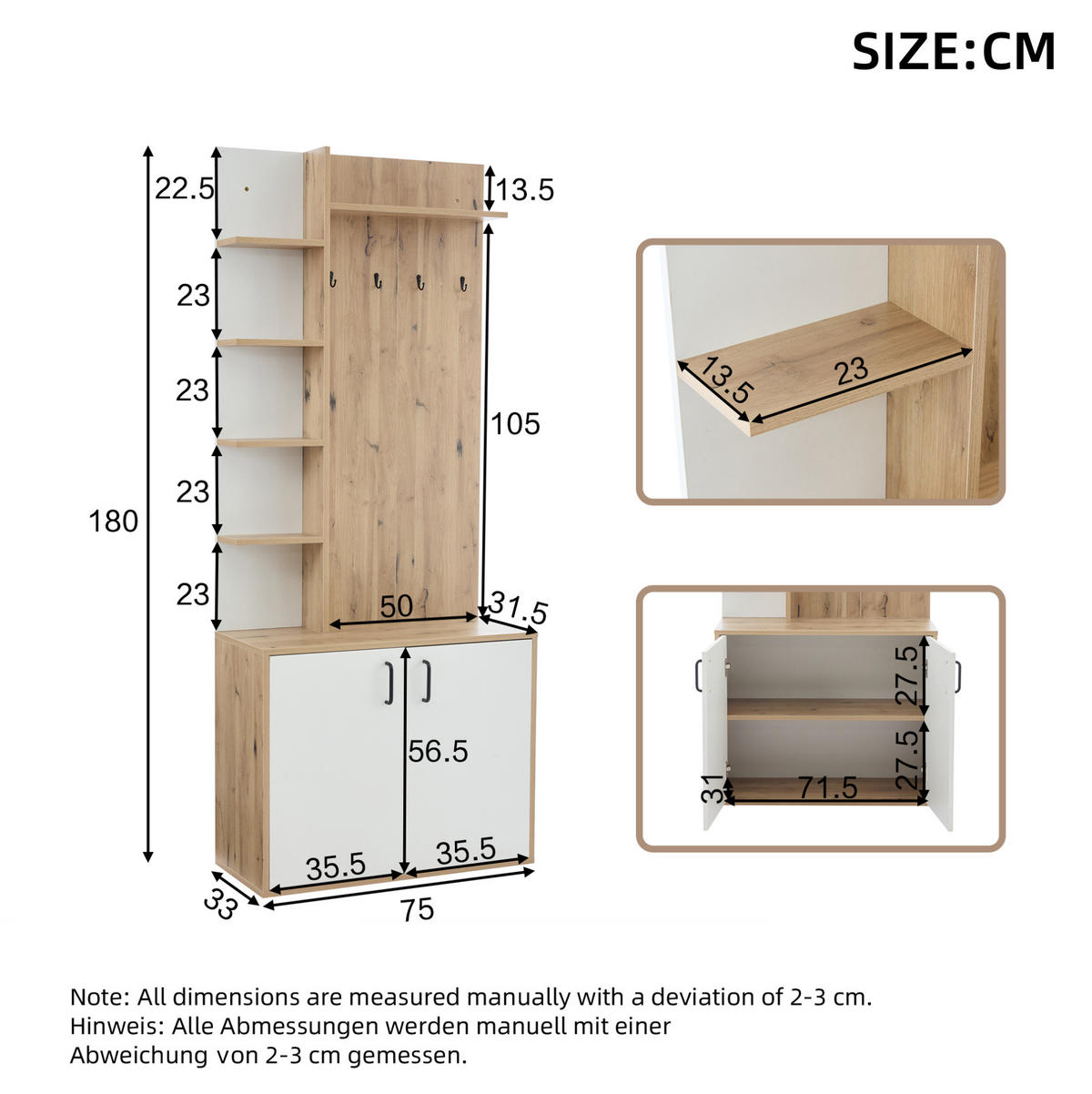 GARDEROBENREGAL 75/33/180 cm aus Holzwerkstoff mit 6 offenen Fächern und Schrank Natur/Weiß - Naturfarben, Holzwerkstoff (75/180/33cm) - Modenvie