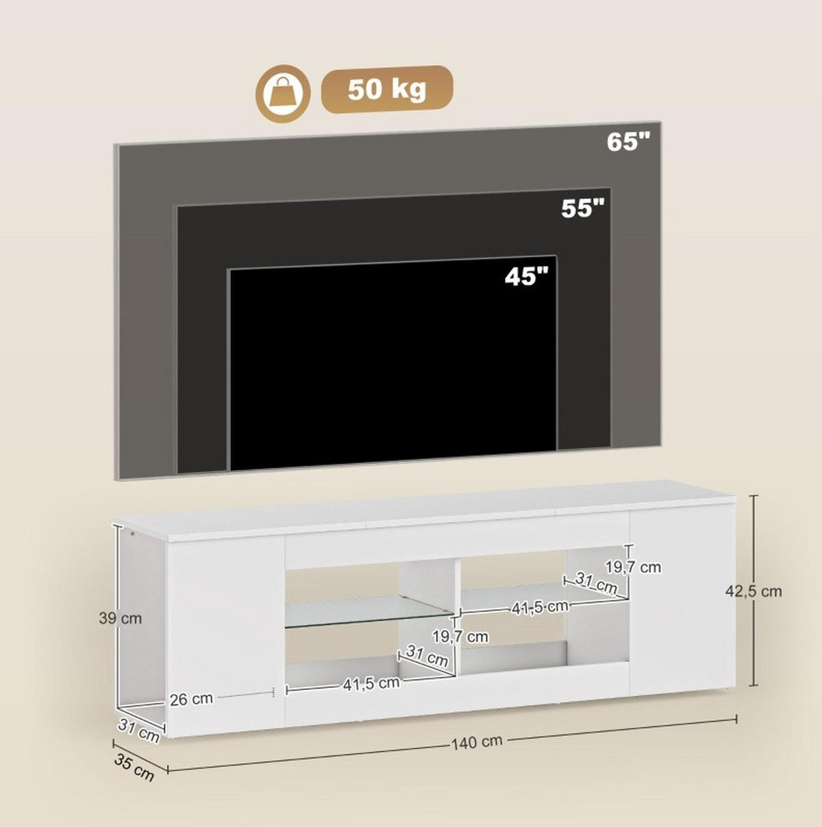 LOWBOARD 140/42.5 cm Weiß aus Glas und Spanplatte mit 6 Fächern - Weiß, Glas (35/42.5/140cm) - OKMYHOME