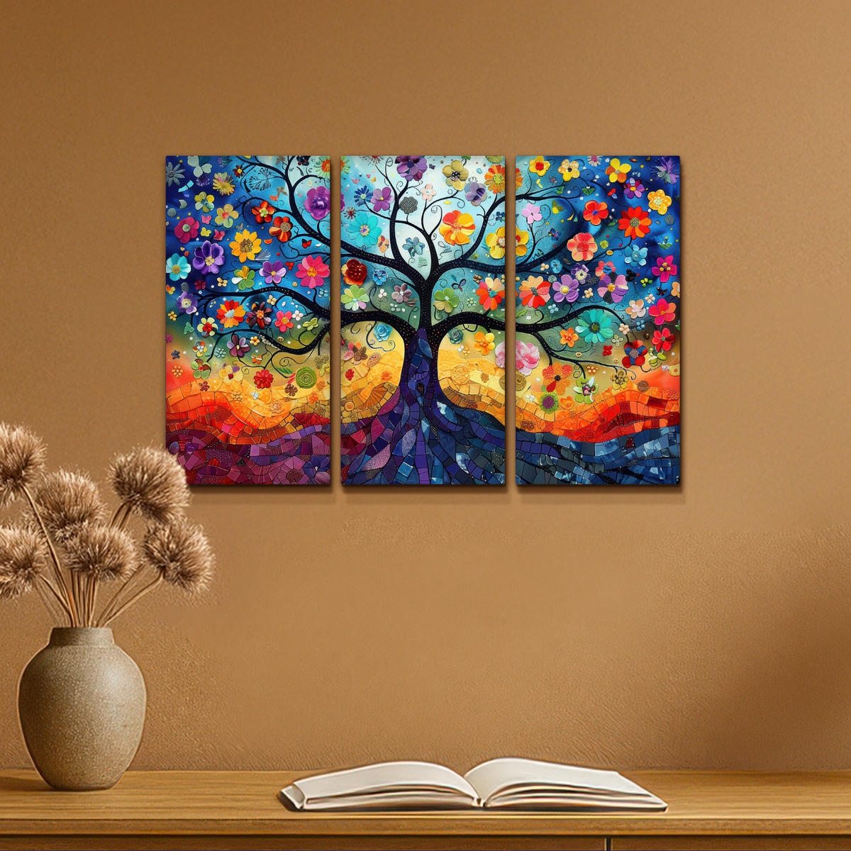 LEINWANDBILD 3er Set Bunt - Baum des Lebens - Blumen - Abstrakt 60x40 cm - Blau, Textil (60/40cm) - MuchoWow