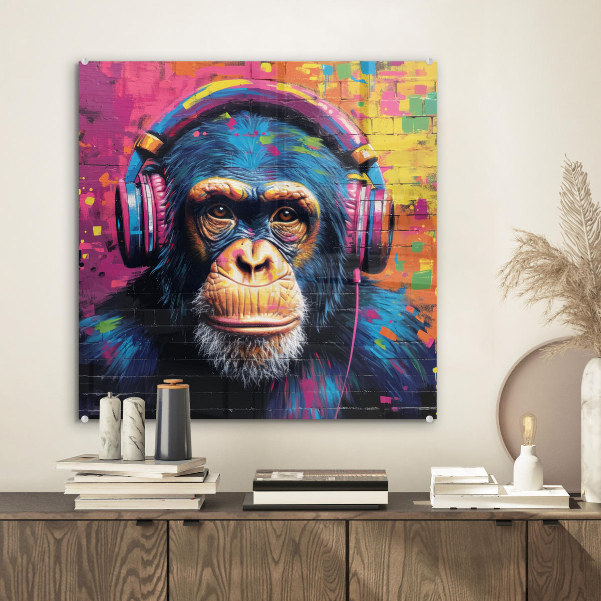 ACRYLGLASBILD Graffiti - Schimpanse - Straßenkunst - Kopfhörer - Affe 50x50 cm - Blau, Glas (50/50cm) - MuchoWow