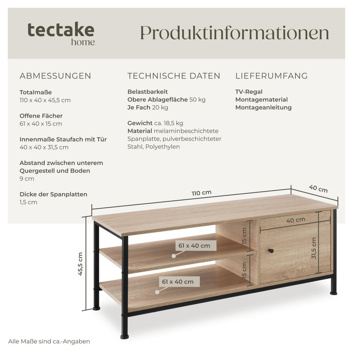 TV-REGAL Durban,110 x 40 x 45,5 cm,Industrial Holz hell, Eiche Sonoma - Naturfarben, Holzwerkstoff (40/45.5/110cm) - tectake