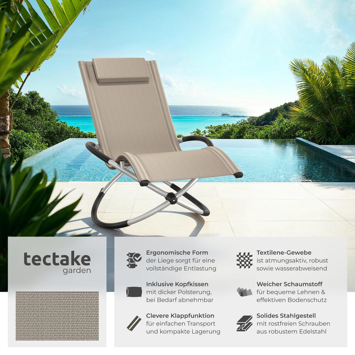 SONNENLIEGE Paulina,150 x 73 x 93 cm,beige - Beige, Metall (73/93/150cm) - tectake