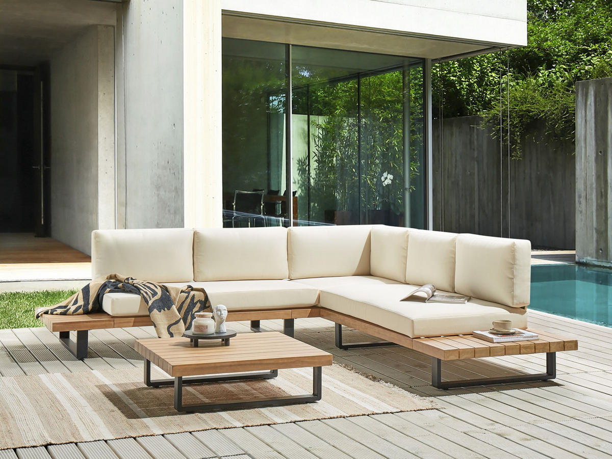 LOUNGE SET 5-Sitzer hellbraun Auflagen cremeweiß Mykonos - Hellbraun/Creme, Holz - Beliani