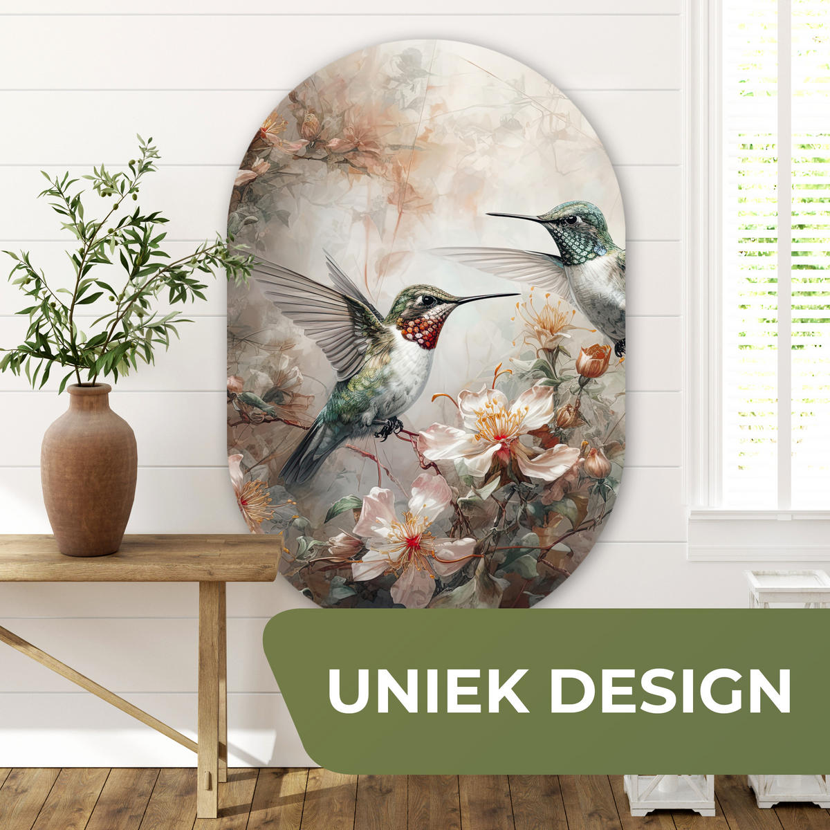 WANDBILD Kolibri - Vögel - Blumen - Pflanzen Deko Groß 80x120 cm - Hellgrün, Kunststoff (80/120cm) - MuchoWow