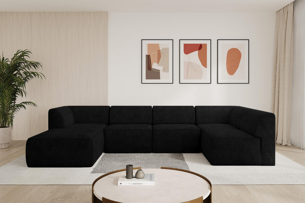 WOHNLANDSCHAFT Ottomane Links MOVO-L 345x180x78 cm Schwarz Velours - Schwarz, Holzwerkstoff/Kunststoff (345/78/180cm) - ALTDECOR