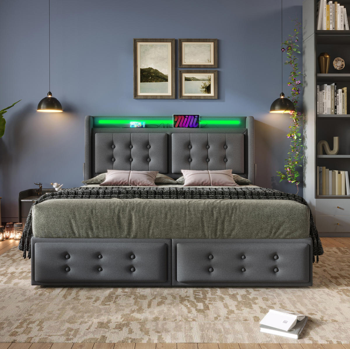 POLSTERBETT 160/200 cm aus Baumwoll-Leinenstoff mit LED, USB-C, Steckdosen, 4 Schubladen und Matratze, Grau - Grau, Textil (160/200cm) - Redom