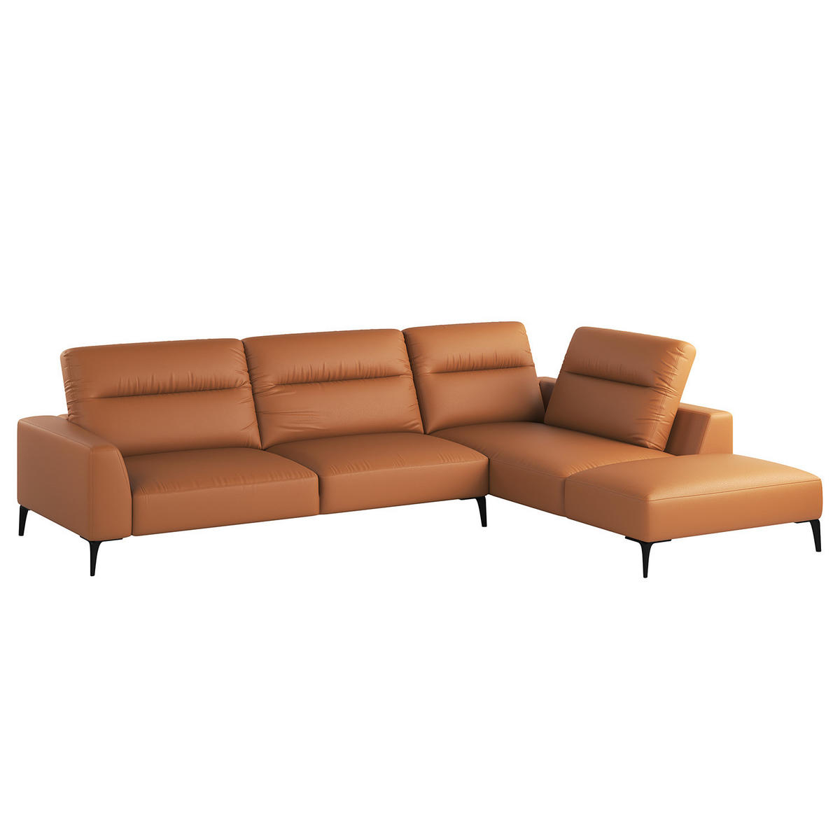 ECKSOFA mit Ottomane - Cognac/Schwarz, Leder/Metall (325/238cm) - home24