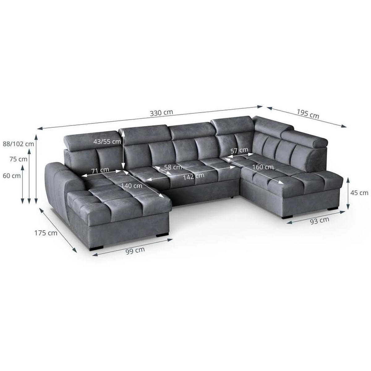 WOHNLANDSCHAFT Gomez U mit Schlaffunktion grau rechts - Grau, Textil (330/102/195cm) - Beautysofa