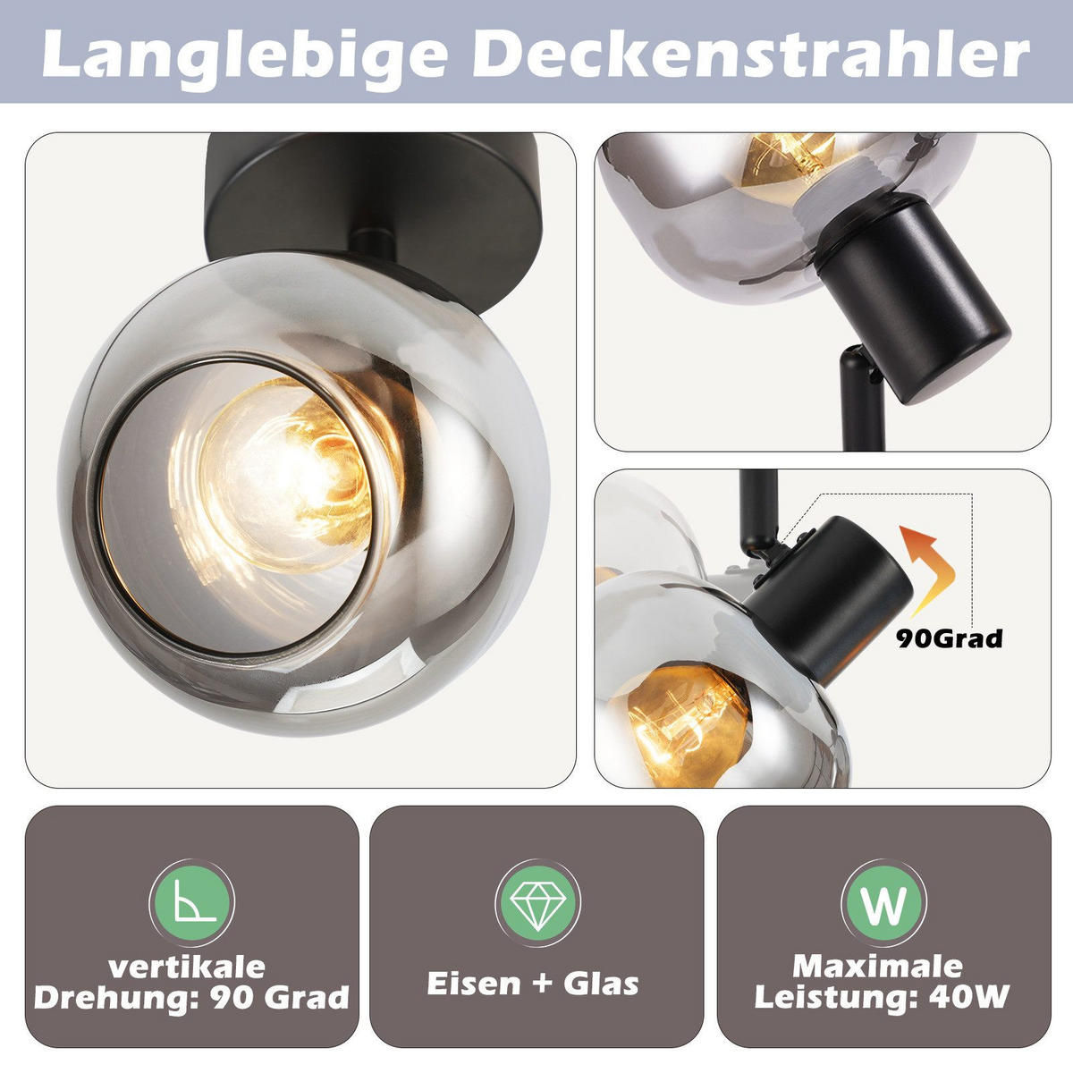 DECKENSTRAHLER Blendric 20/19/9 cm - Grau, Metall (9/20/19cm) - ZMH