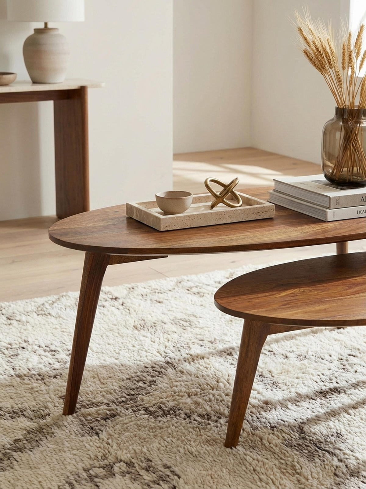 COUCHTISCH 2er Set Massivholz Nierenform Retro Handgefertigt, Braun 100x50x42 cm - Braun, Holz (50/100/42cm) - KADIMA DESIGN