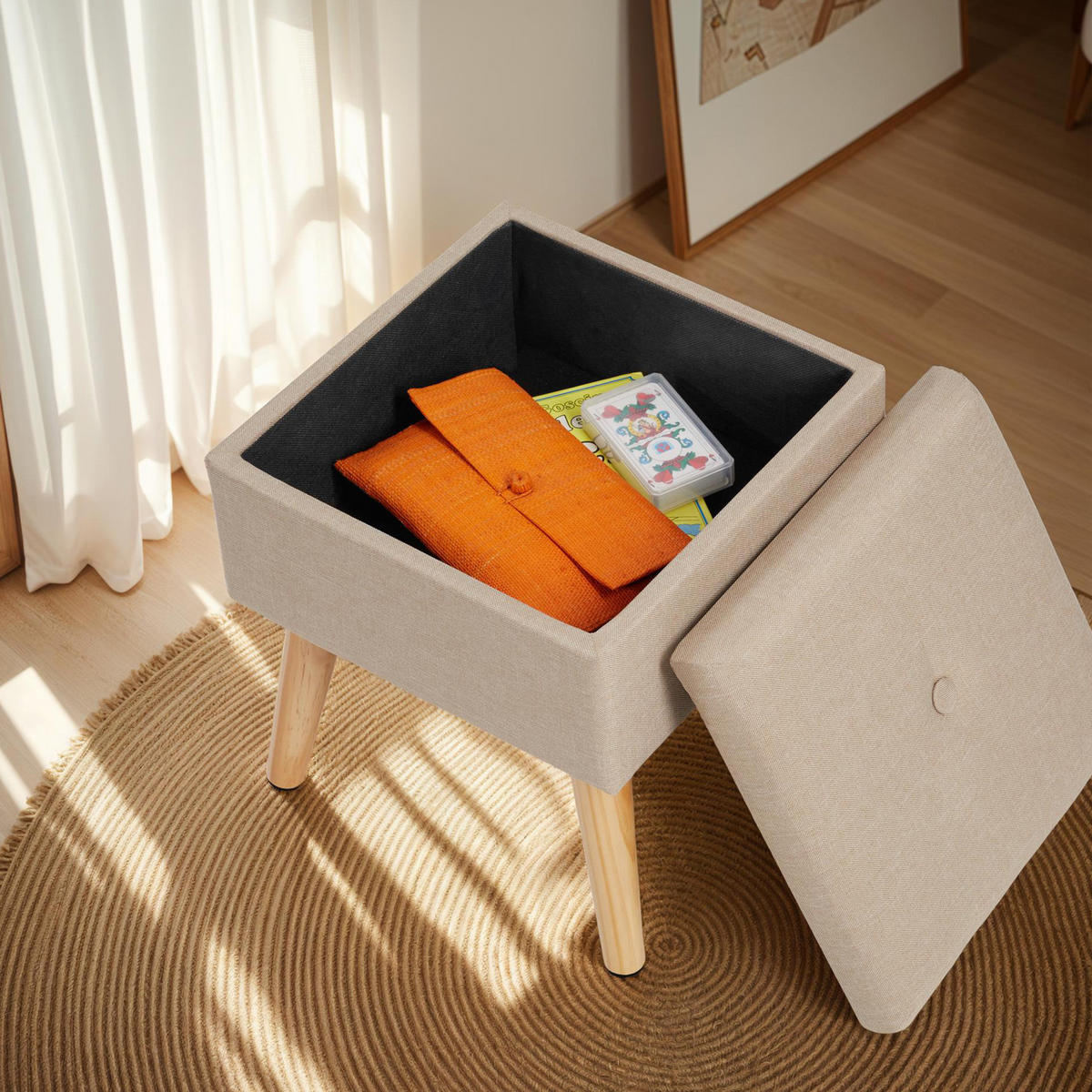 SITZHOCKER mit Stauraum Elva,32,5 x 32,5 x 36,5 cm,Sand - Sandfarben, Holz (32.5/36.5/32.5cm) - tectake