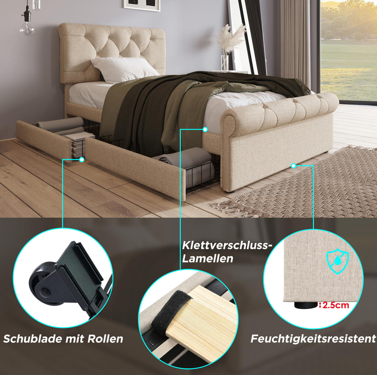POLSTERBETT 90/200 cm Natur aus Metall und Holz mit 2 Schubladen - Naturfarben, Metall (90/200cm) - OKMYHOME