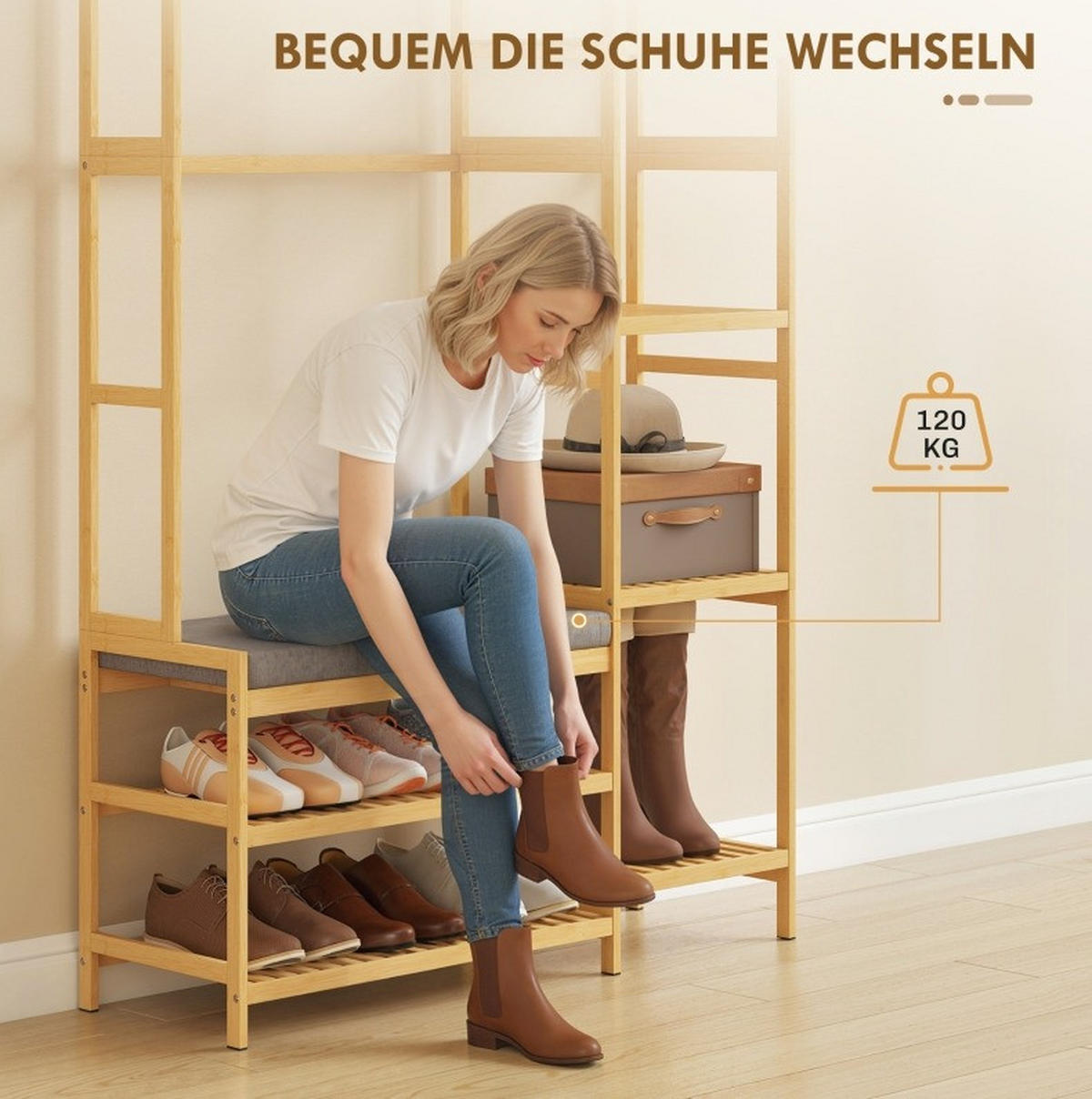 GARDEROBENSTÄNDER 104/33/175 cm aus Bambus mit Schuhregal und Sitzbank Natur - Naturfarben, Naturmaterialien (104/175/33cm) - Modenvie
