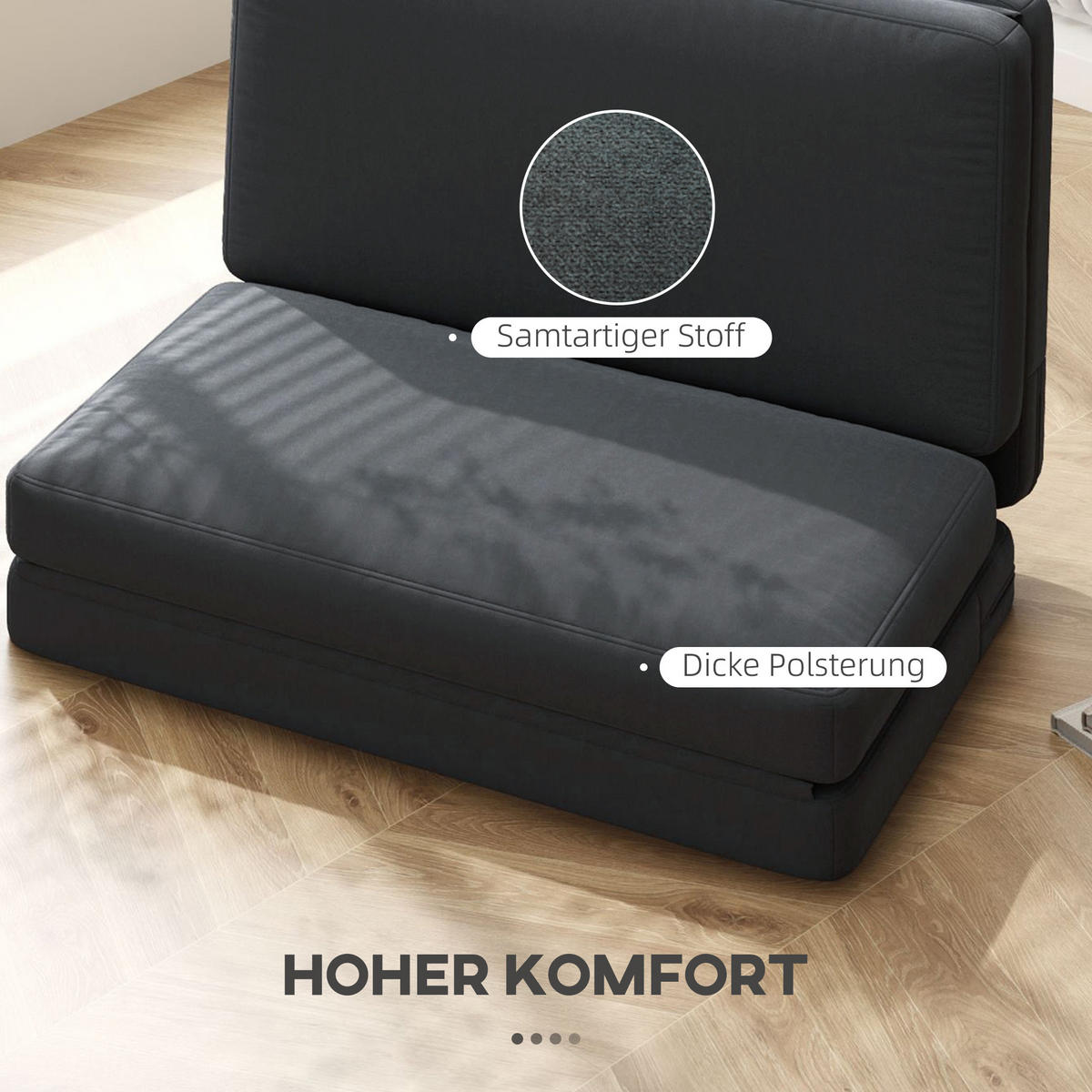 BODENSOFA 3-in-1 Klappbar Schlafsofa mit Samtoptik für Schlafzimmer, Wohnzimmer - Dunkelgrau, Textil (138/10/270cm) - HOMCOM