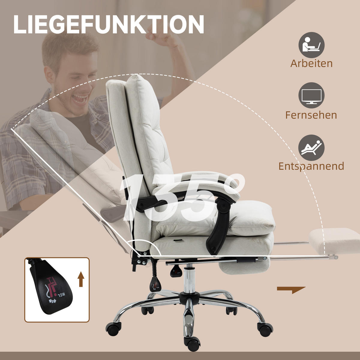 BÜROSTUHL mit Massagefunktion, Creme - Weiß, Kunststoff (72/117/65cm) - Vinsetto