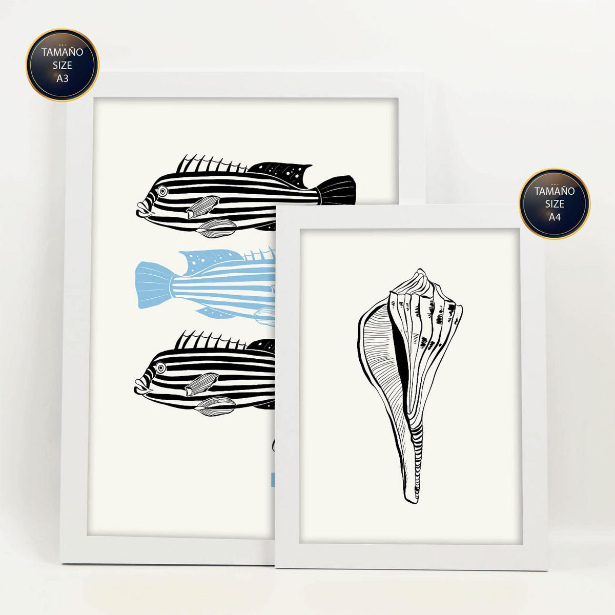 POSTER Set Mit 6 In Schwarzer Tinte Meerestiere Kunstdrucke Von Meer Und Ozean Für Innenarchitektur A3 & A4 Weißer Rahmen - Weiß, Papier (29/3cm) - Nacnic