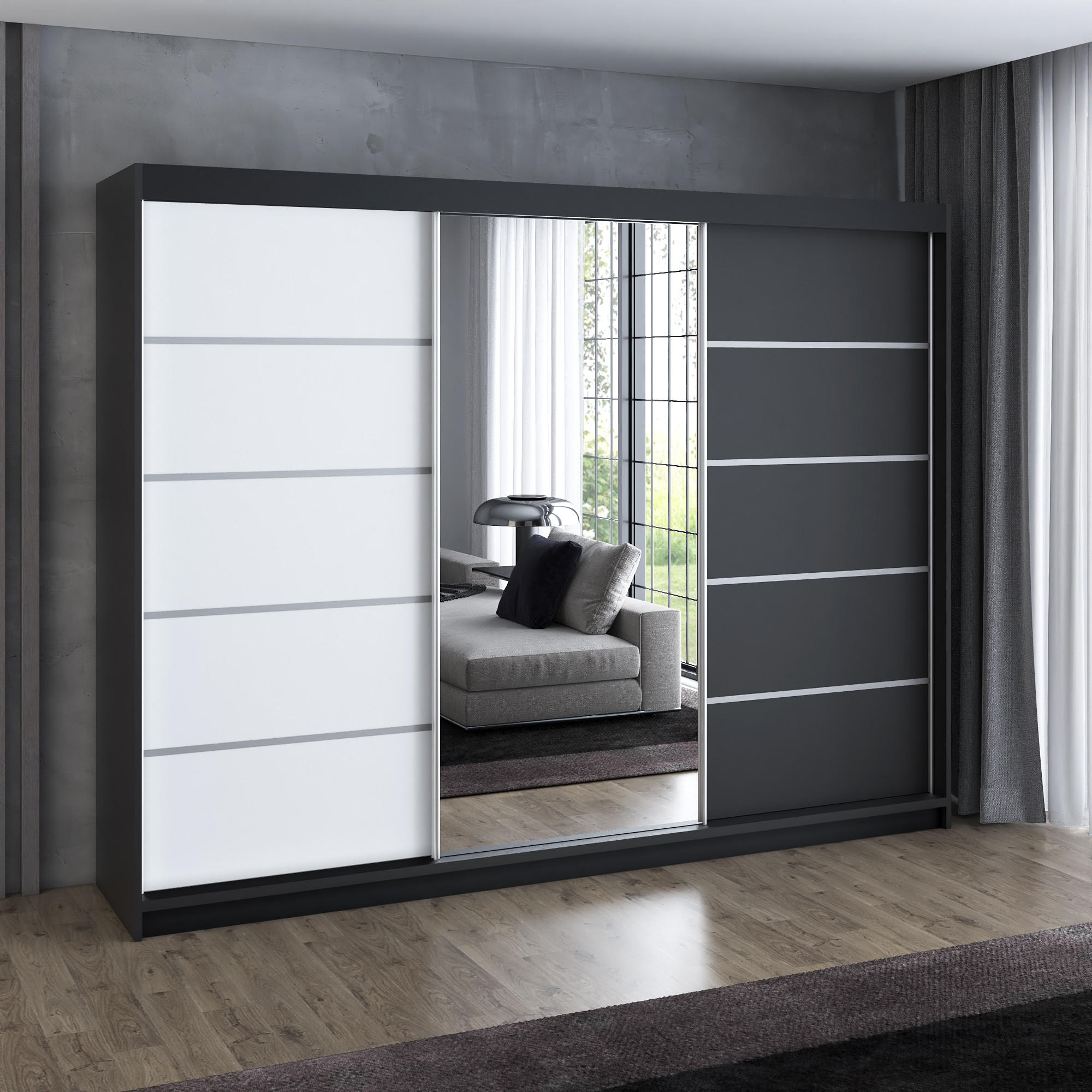 SCHWEBETÜRENSCHRANK 200 cm VILANO 1 Farbe: Schwarz, Weiß - Klar/Schwarz, Holzwerkstoff (200/215/59.5cm) - A&J MöbelLand